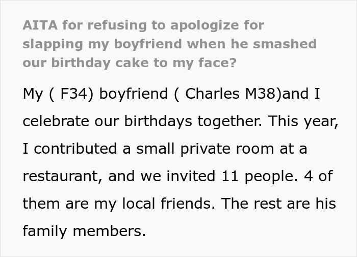 Text discussing a woman's reaction to her boyfriend smashing cake in her face at a joint birthday celebration.