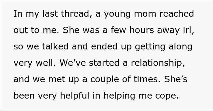 Text from online thread about a young mom starting a relationship and meeting frequently.