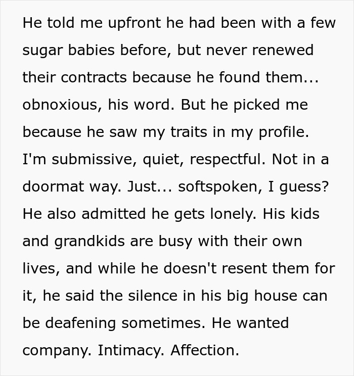 Text excerpt from a sugar daddy sharing his feelings about companionship and past experiences with sugar babies.