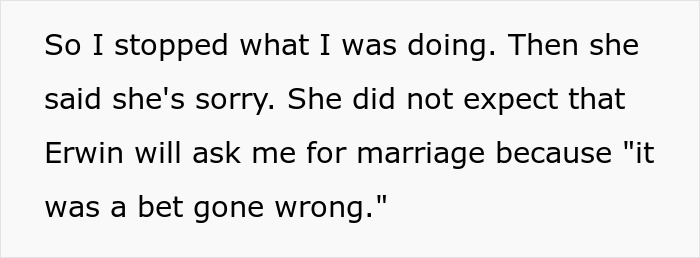 Text revealing bride learns of bet about marriage proposal gone wrong.