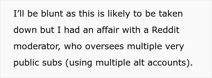 Text about a hidden affair with a married Reddit mod and their public persona as a wholesome parent.