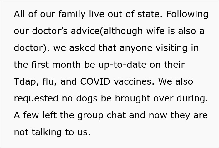 Requesting updated vaccines for visiting new baby causes family tension. Requesting updated vaccines for visiting new baby causes family tension.