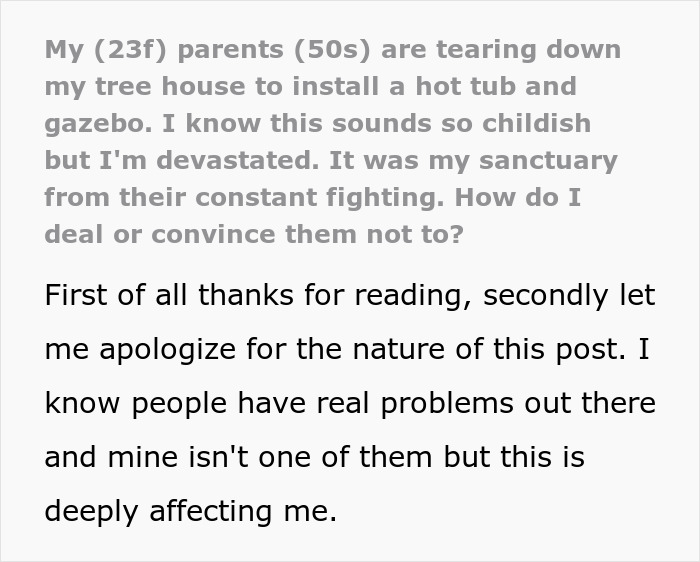 Sad daughter sitting alone, upset as her childhood tree house is being torn down by her parents.