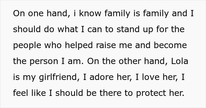 Text from a man's perspective about choosing between family and his adored girlfriend.