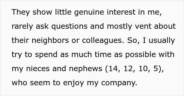 Text describing spending time with nieces and nephews instead of siblings.