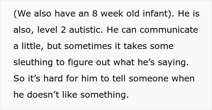 Text about an 8-week-old infant, level 2 autistic, detailing challenges with communication.