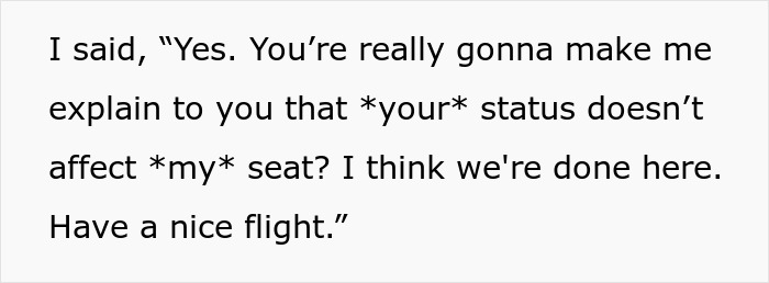 Text exchange about airline seat dispute involving platinum status and flight attendant intervention.