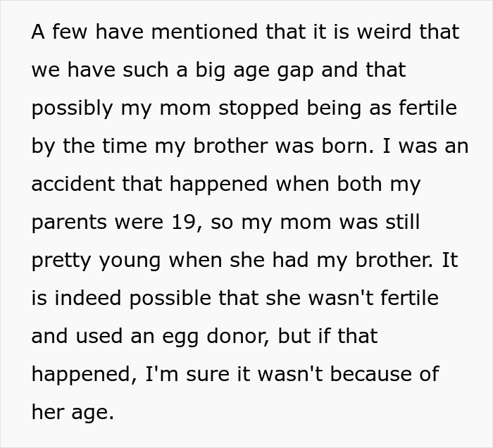 Text discussing a woman's surprise at family DNA results and questioning fertility issues due to age differences.