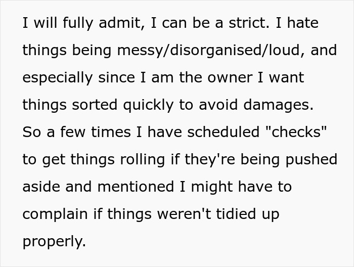 Text excerpt about being a strict landlord, focusing on cleanliness and scheduled checks. Text excerpt about being a strict landlord, focusing on cleanliness and scheduled checks.