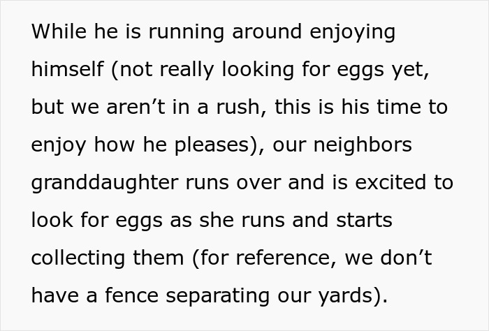 Neighbor's autistic granddaughter excitedly hunts Easter eggs in the yard.