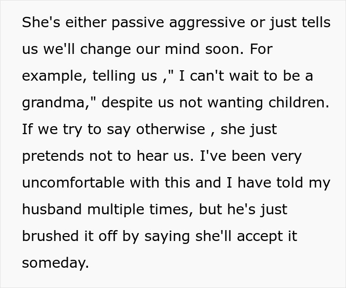 Text discussing mother-in-law's passive-aggressive joke about having grandchildren despite couple's decision.
