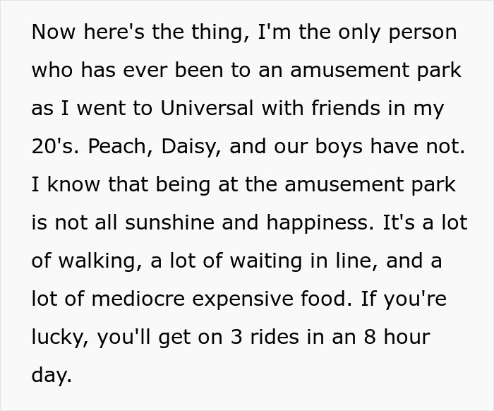 Text explaining the reality of amusement parks, walking, waiting in line, and expensive food.
