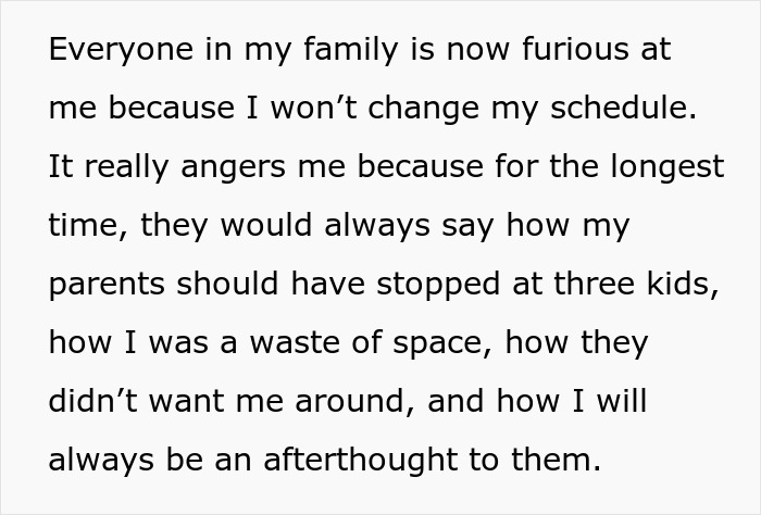 Text about family conflict over babysitting schedule decisions. Text about family conflict over babysitting schedule decisions.