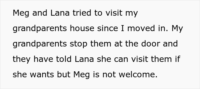 Text screenshot about unwelcomed visit and family boundaries, involving grandparents and two individuals, Meg and Lana.