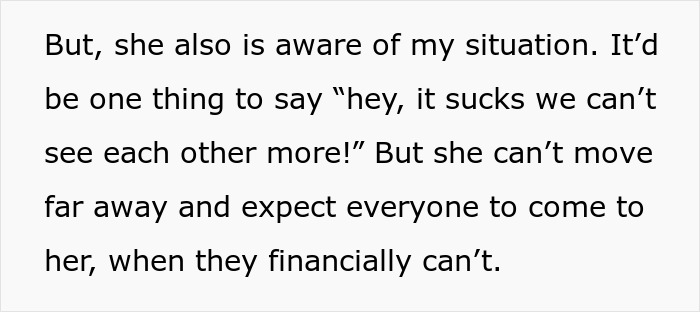 Text about a woman living far away, expecting family help despite financial constraints.