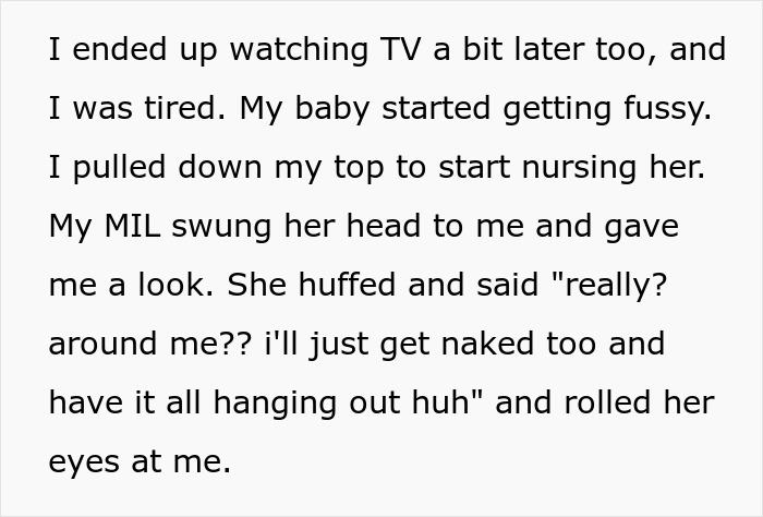 Text describing a woman's experience breastfeeding around her MIL, leading to discomfort and comments.