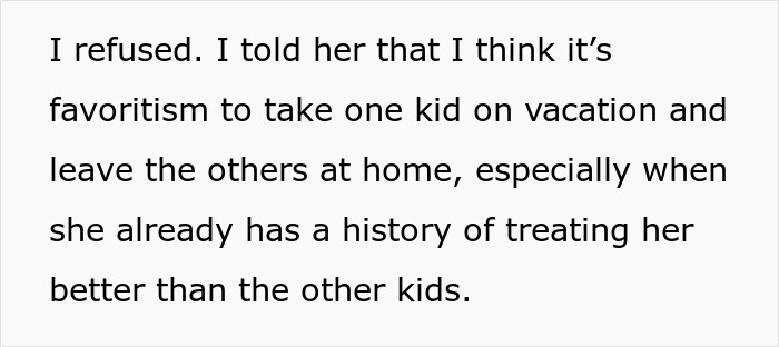 Conversation about favoritism concerns with grandma refusing to babysit.