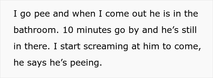 Text describing a girlfriend struggling with proper sleep as her boyfriend occupies the bathroom for extended periods. Text describing a girlfriend struggling with proper sleep as her boyfriend occupies the bathroom for extended periods.