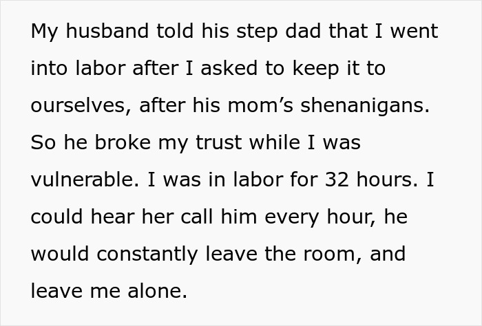 Text about a woman keeping pregnancy news from her mother-in-law, expressing concerns over her husband's divided attention.