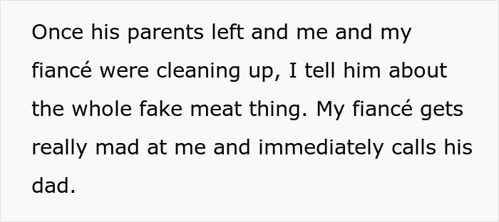 Text message about vegetarian meatballs causing family drama, mentioning angry fianc&eacute; calling his dad.