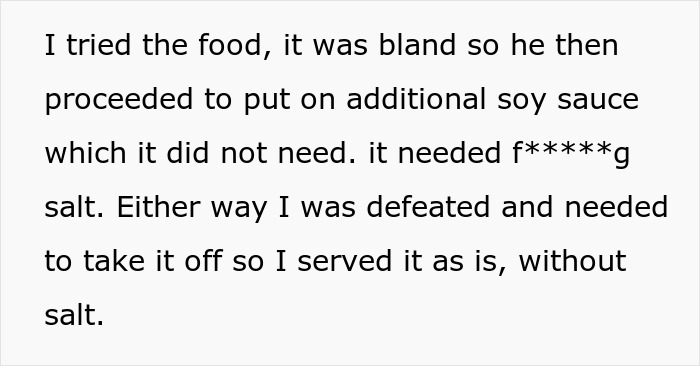 Text screenshot about food taste and frustration during cooking for BF's family on vacation.