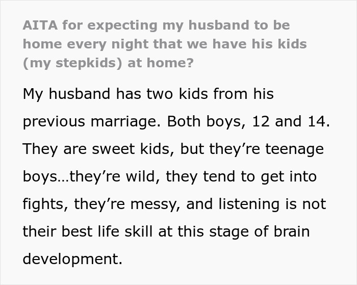 Husband's kids from previous marriage, both boys aged 12 and 14, described as messy, wild, and prone to fights. Husband's kids from previous marriage, both boys aged 12 and 14, described as messy, wild, and prone to fights.