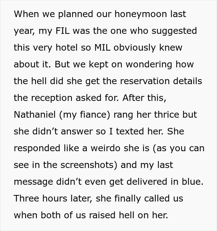 Text exchange over a canceled honeymoon with MIL, discussing reservation details and lack of response.