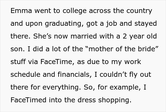 Text discussing a woman living far away, needing help with her child, impacts mother who also helps her other daughter.