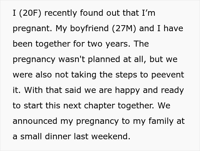 Text description about an unplanned pregnancy announcement at a family dinner. Text description about an unplanned pregnancy announcement at a family dinner.