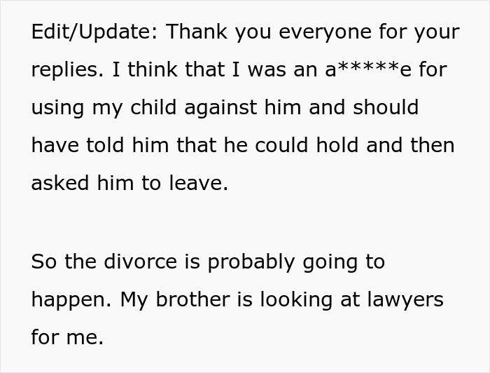 Text update about divorce plans and lawyer search after husband prioritized friend over child's birth.
