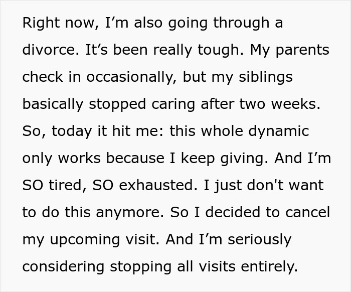 Text about visiting siblings and nieces/nephews, discussing exhaustion and canceling visits.