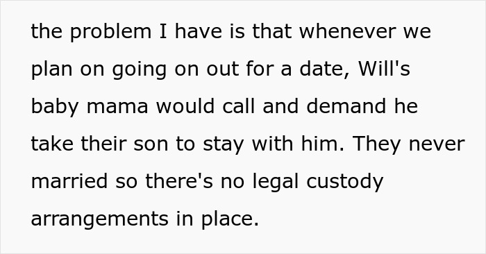 Text about a man&rsquo;s ex disrupting his dates by demanding he take their toddler, causing frustration for his girlfriend.