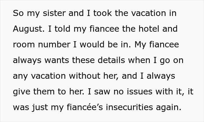 Text about a woman concerned about fianc&eacute;'s family vacation detailing insecurities and sharing hotel info.