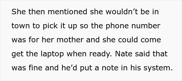 Text communication about a student and her laptop pickup, mentioning her absence and arrangement for her mother to retrieve it.