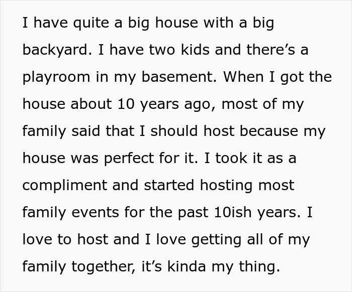 Text excerpt describing hosting family events and tradition, relating to quickly shutting down sister changing tradition. Text excerpt describing hosting family events and tradition, relating to quickly shutting down sister changing tradition.