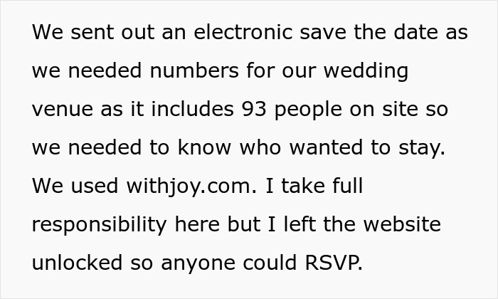 Text detailing wedding RSVP mix-up and site security issue.