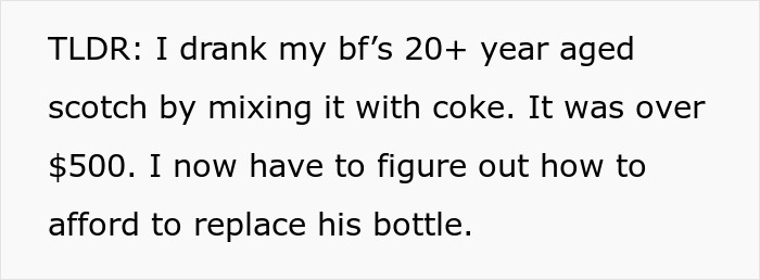 Text about aged scotch being mixed with coke; realization of its $500 value, prompting replacement.