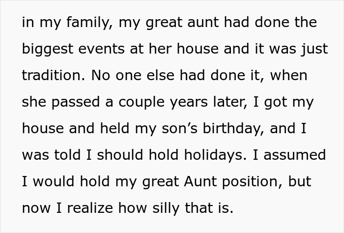 Text excerpt about family tradition changes and quickly shutting down sister trying to alter tradition in a personal story. Text excerpt about family tradition changes and quickly shutting down sister trying to alter tradition in a personal story.