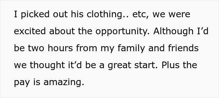 Text on partner's clothing choice and job opportunity excitement, unaware of ulterior motive.