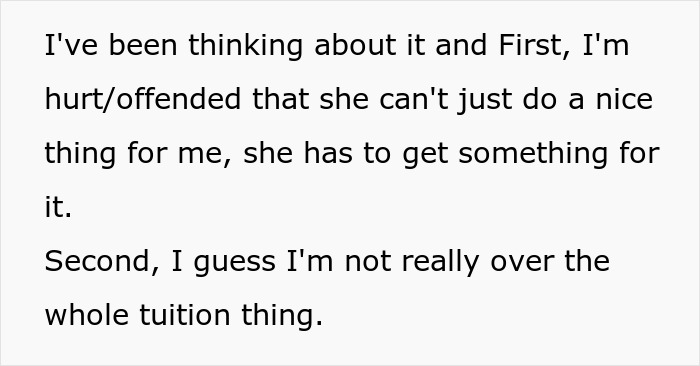 Text excerpt about a son upset with his mom over stealing his college fund and tuition repayment issues.