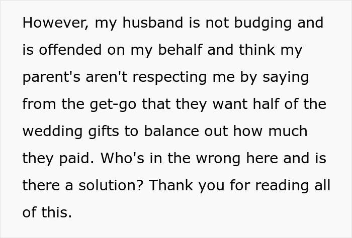 Text discussing a conflict over wedding gift sharing between parents and husband.