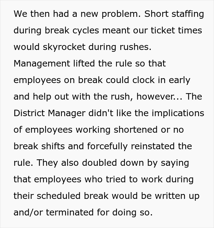 Text about employee break policy strictly enforced, causing chaos in short-staffed kitchen.