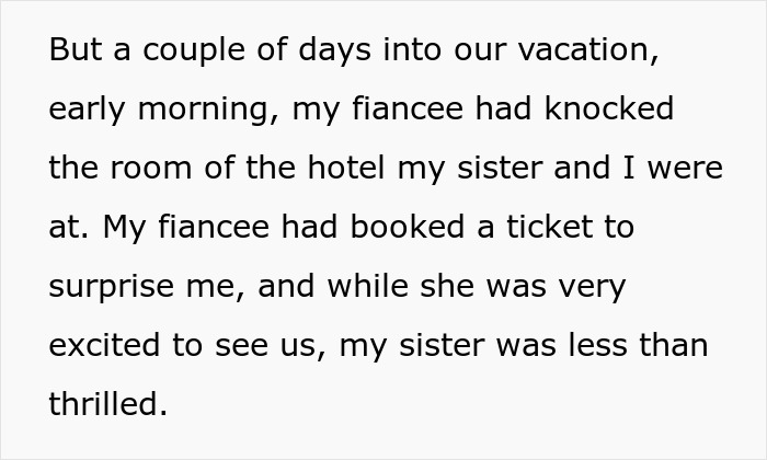 Text message about a surprise visit from a fianc&eacute;e during a family vacation, causing mixed reactions.