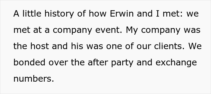 Text detailing bride and fianc&eacute;'s first meeting at a company event.