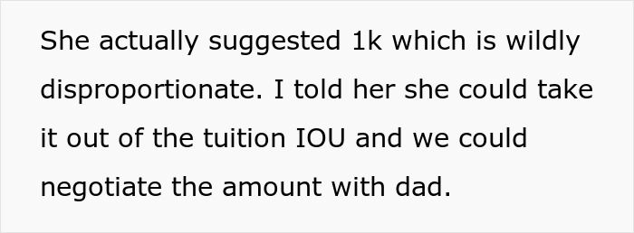 Text message discussing mom asking for cash after taking son's college fund, and negotiating tuition IOU with dad.