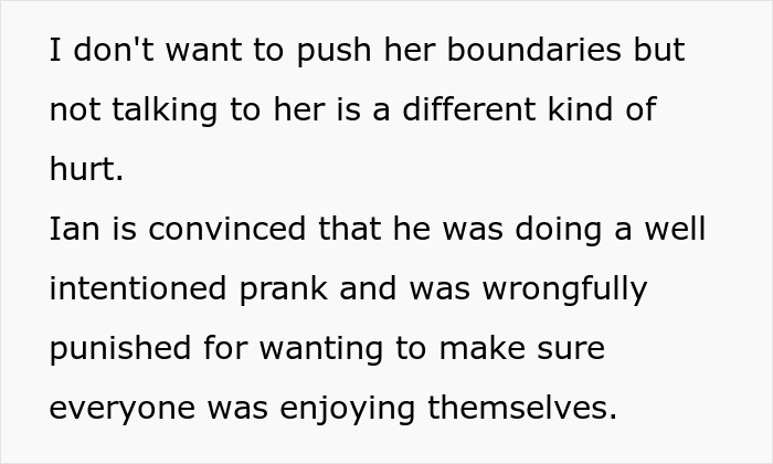 Text discussing a man's family advising him to end a relationship after his girlfriend reacted to a brother's prank.