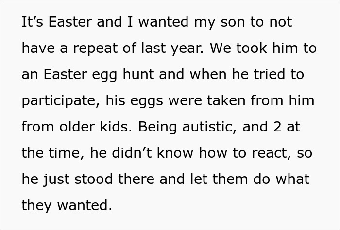 Text describing an autistic neighbor's granddaughter having a tough time during an Easter egg hunt.