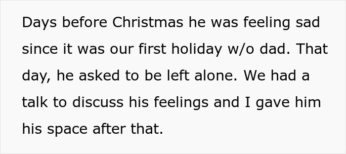 Text highlights a sad Christmas without dad, discussing feelings, and giving space to grieving little brother. Text highlights a sad Christmas without dad, discussing feelings, and giving space to grieving little brother.