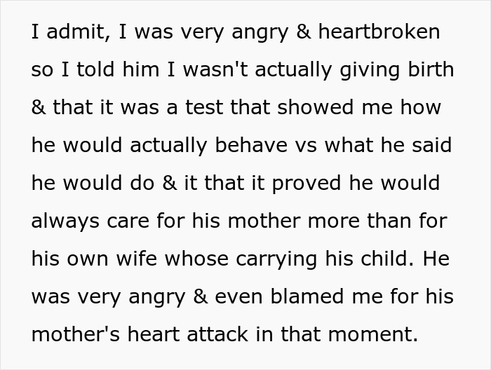 Mom-to-be expresses anger in text after testing husband's loyalty with fake labor and discovering his preference for his mother.
