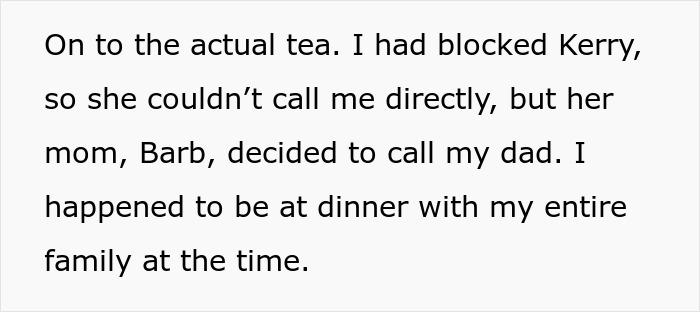 Text exchange about blocked contact; family dinner scene involved.